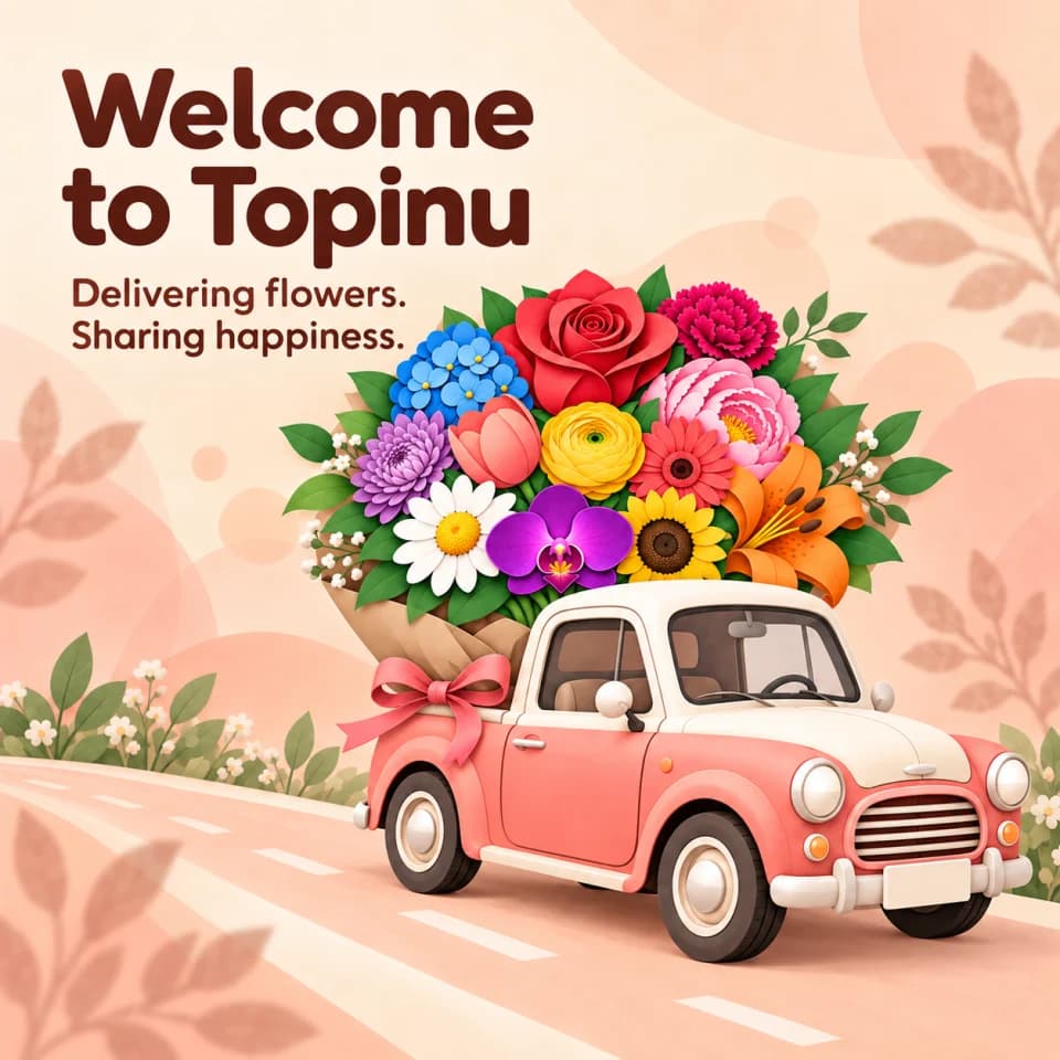 Welcome to Topinu with a flower-filled delivery car