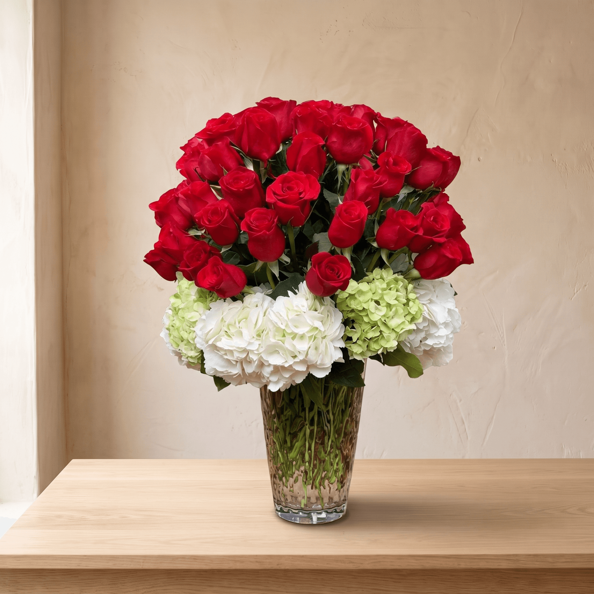 50 Red Roses With Hydrangeas