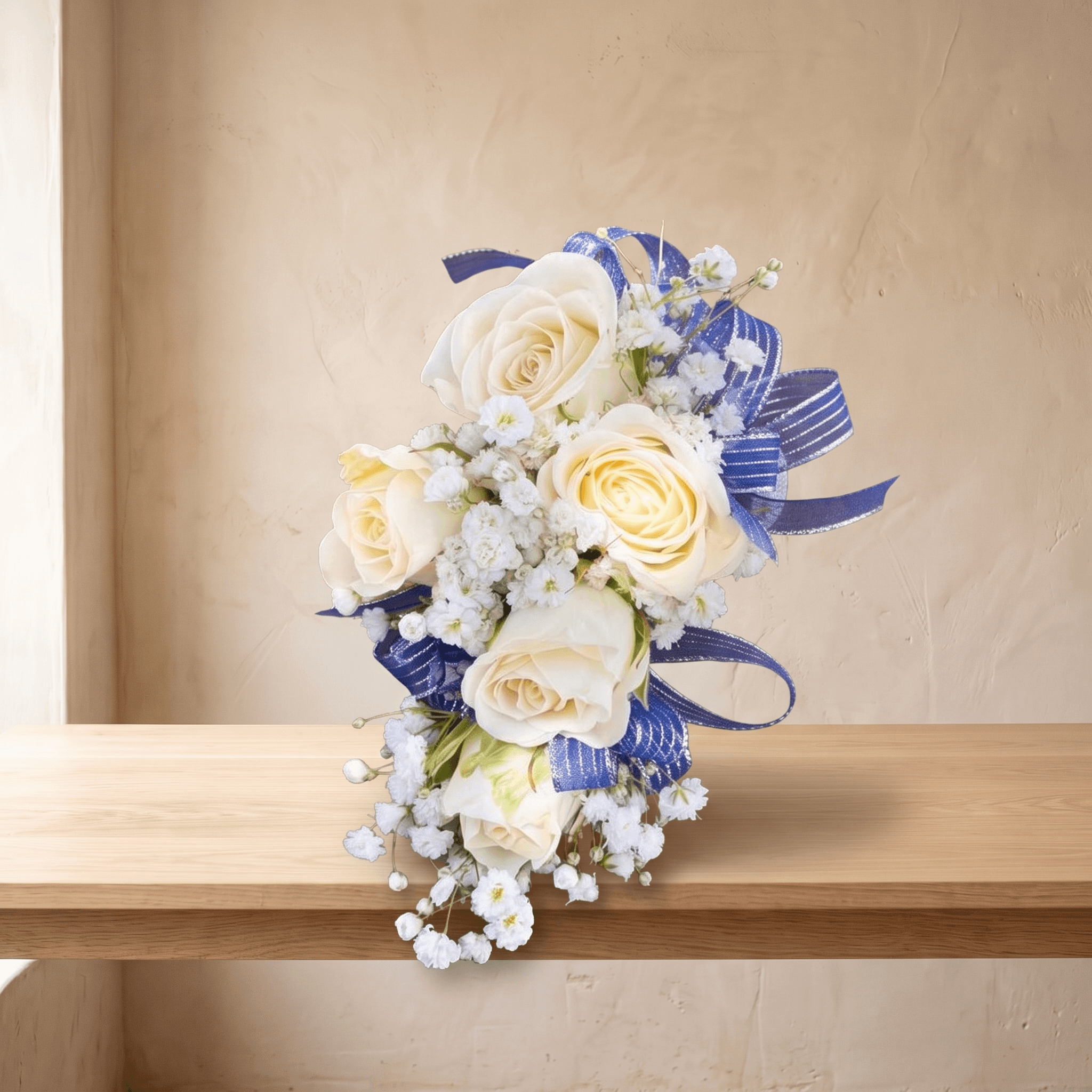 Wrist Corsage (White Flowers & Blue+Silver Ribbon)