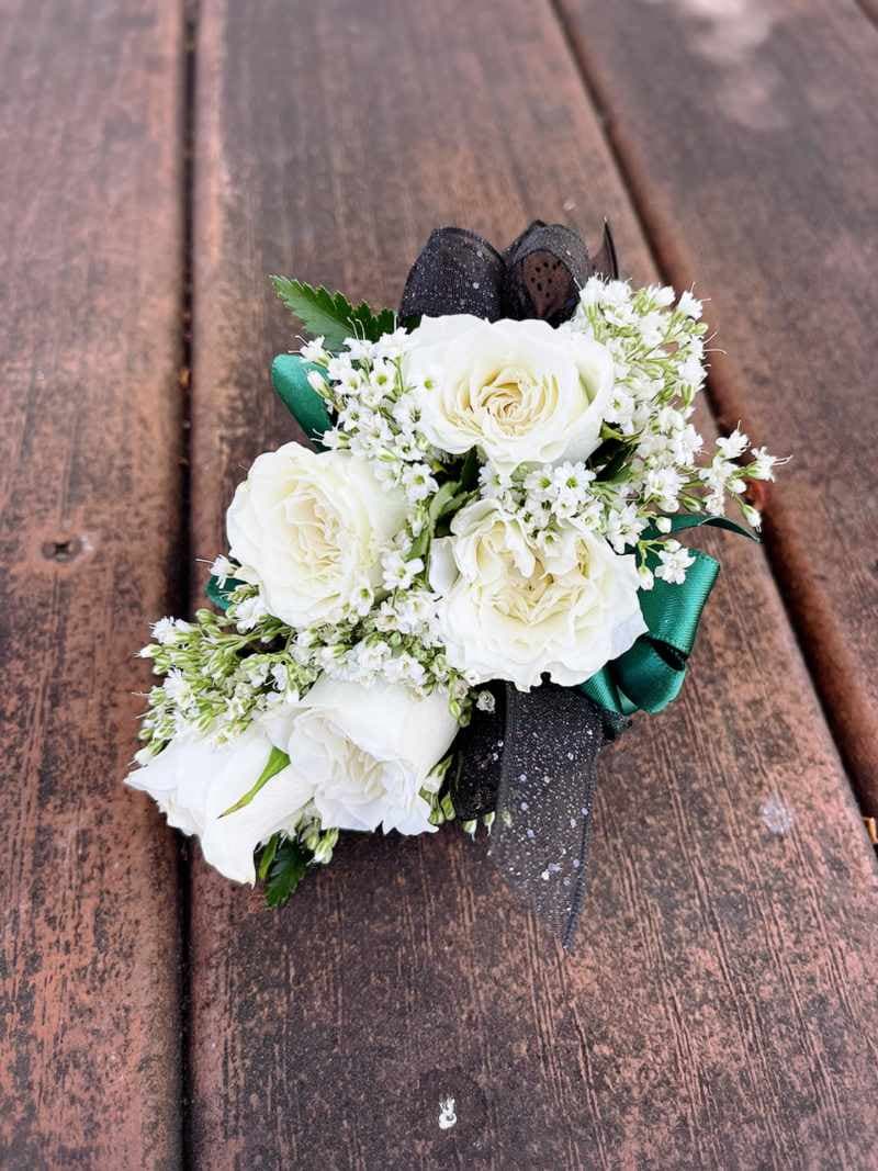 Wrist Corsage (White Flowers & Black+Emerald Green Ribbon)