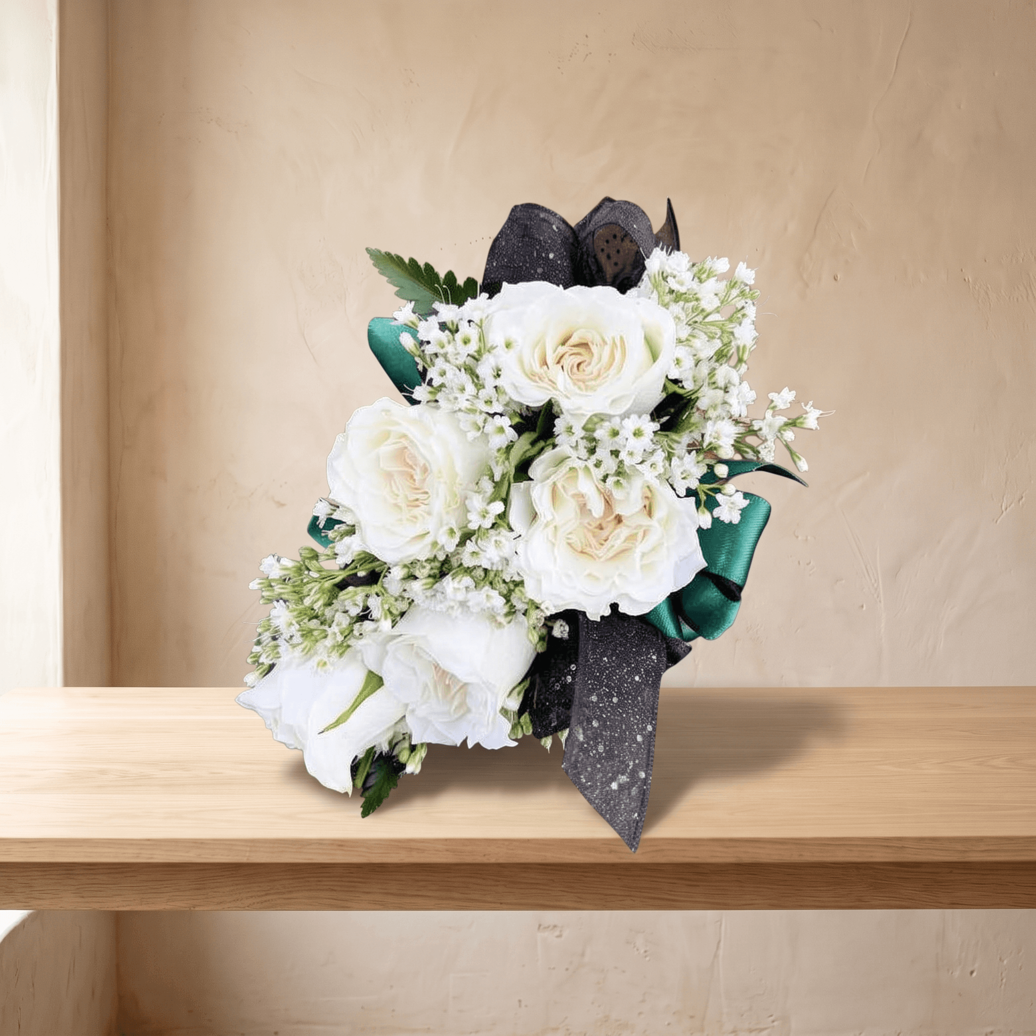 Wrist Corsage (White Flowers & Black+Emerald Green Ribbon)