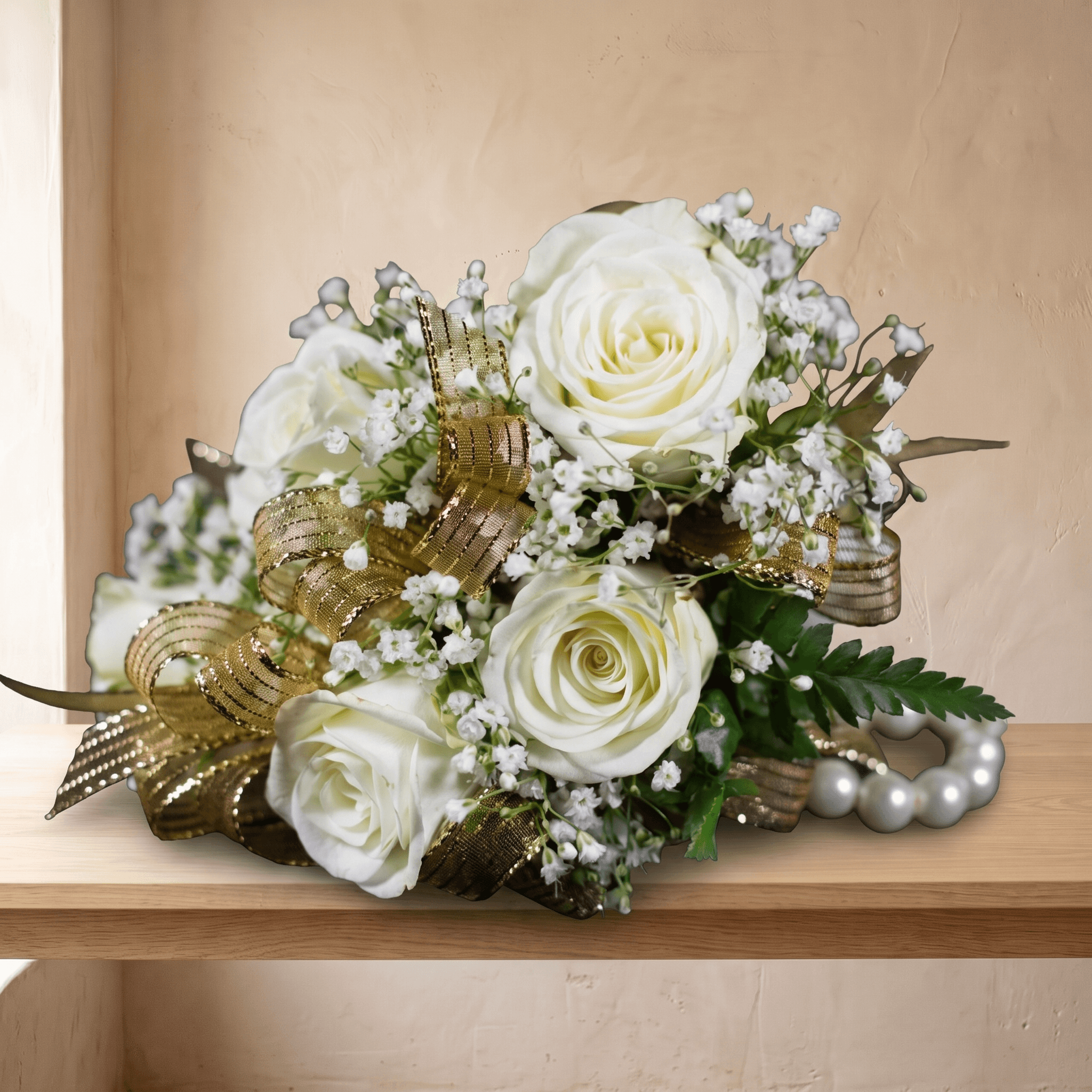 Corsage (White Flowers & Gold Ribbon & Pearl Wrist Band)