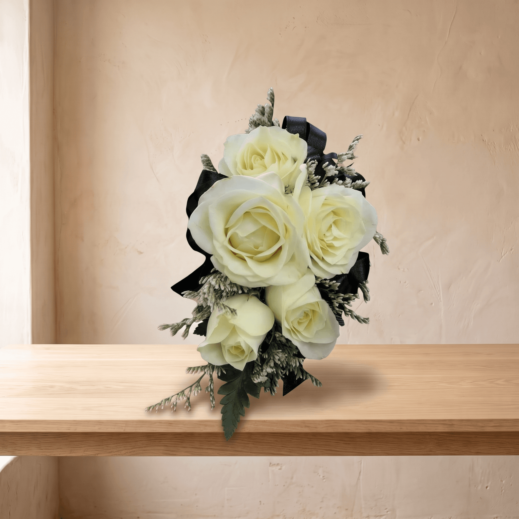Wrist Corsage (White Flowers & Black Ribbon)