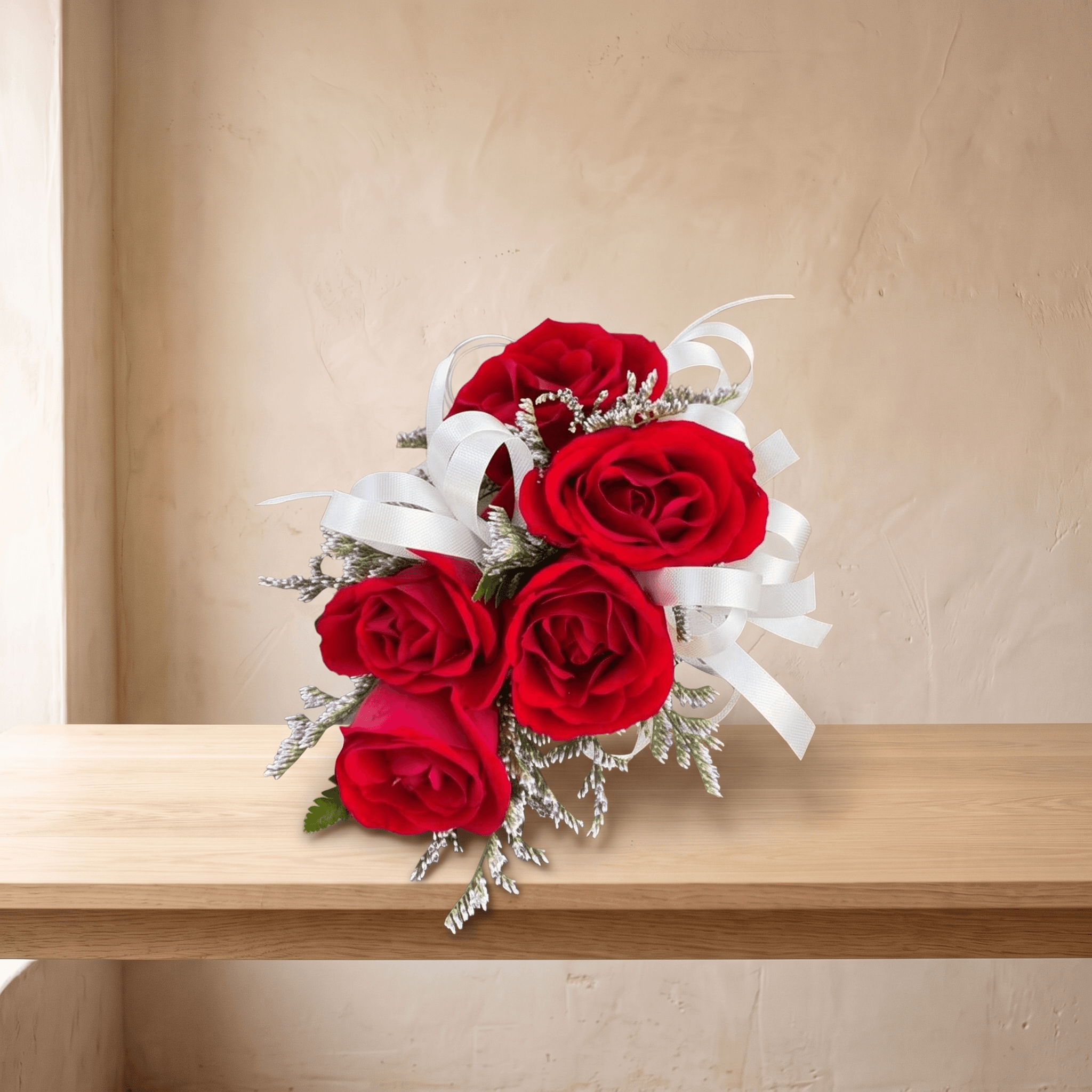 Wrist Corsage (Red Flowers & White Ribbon)