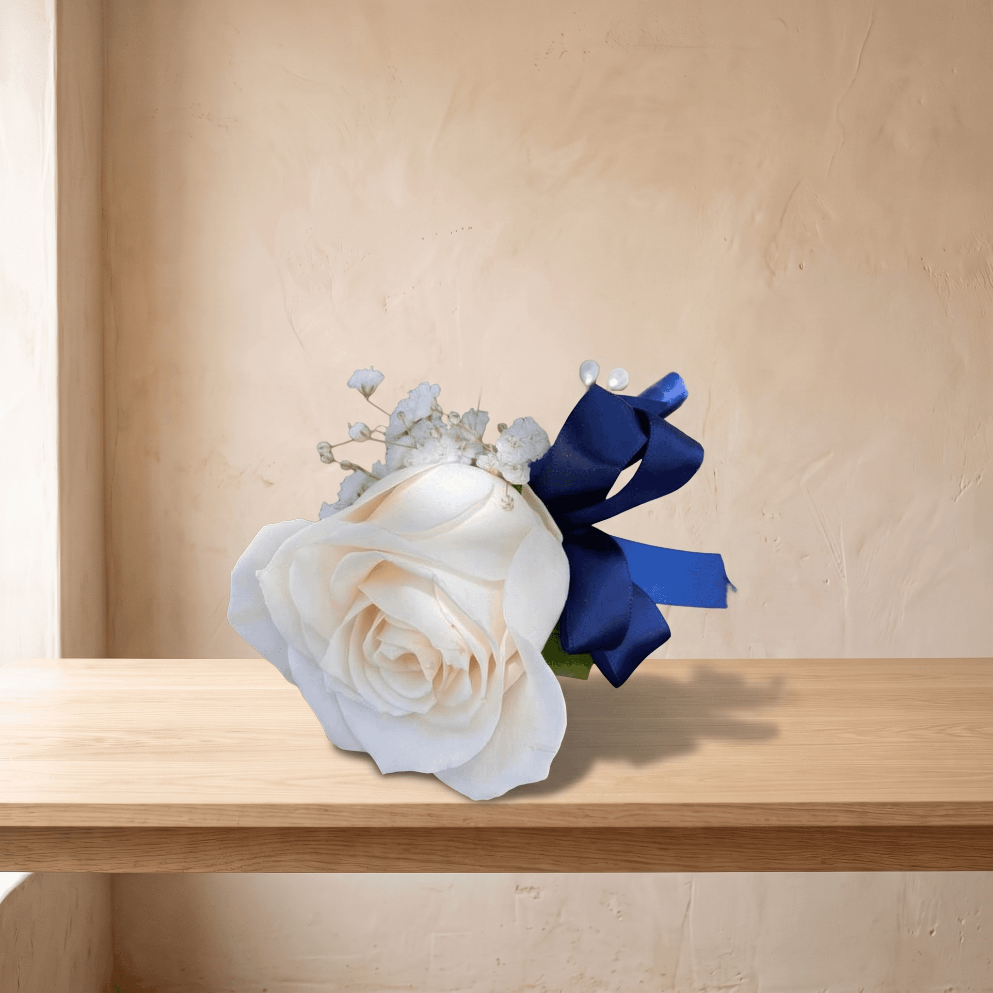 Boutonniere (White Rose & Navy Blue Ribbon)