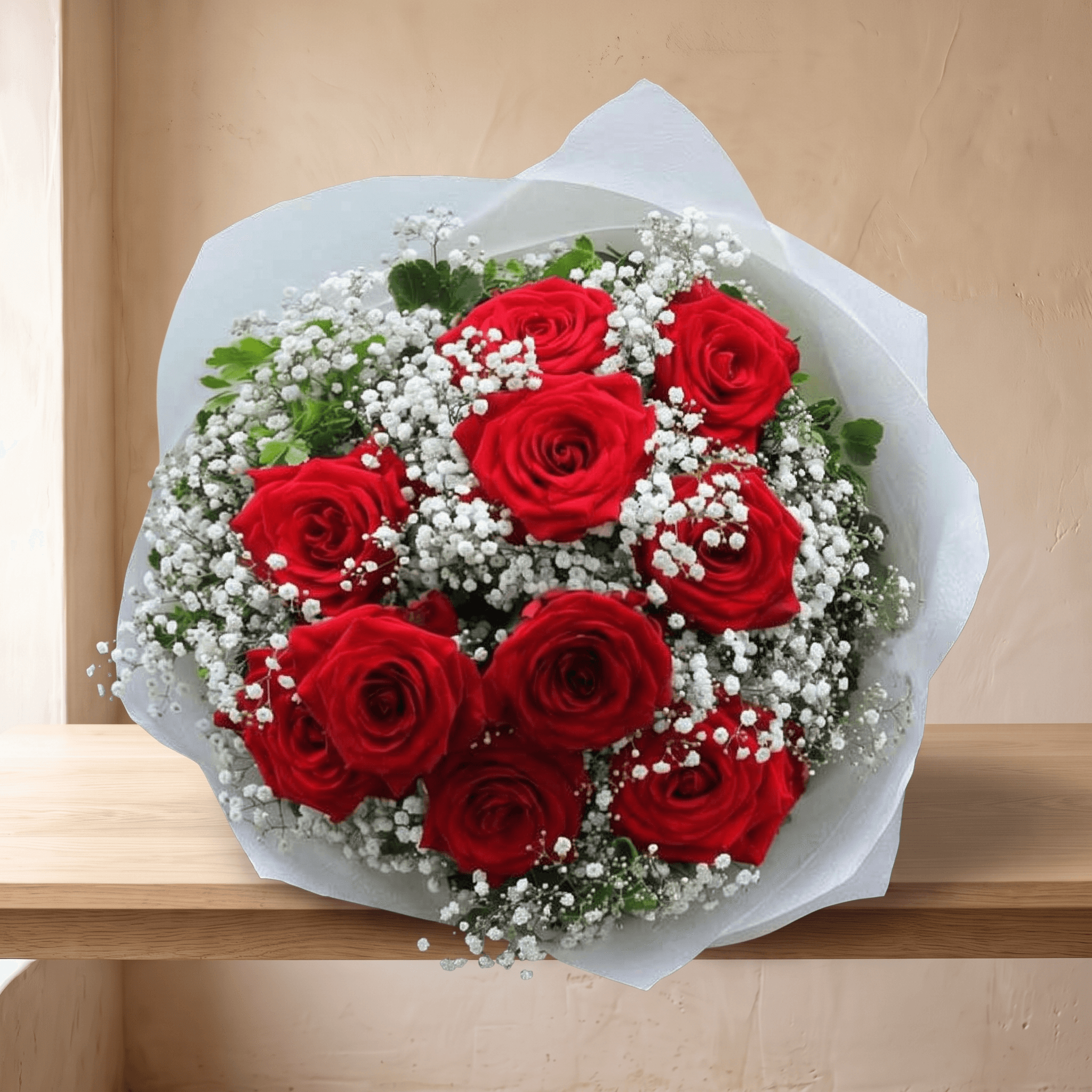 One Dozen Roses Designed with Baby Breath Wrap