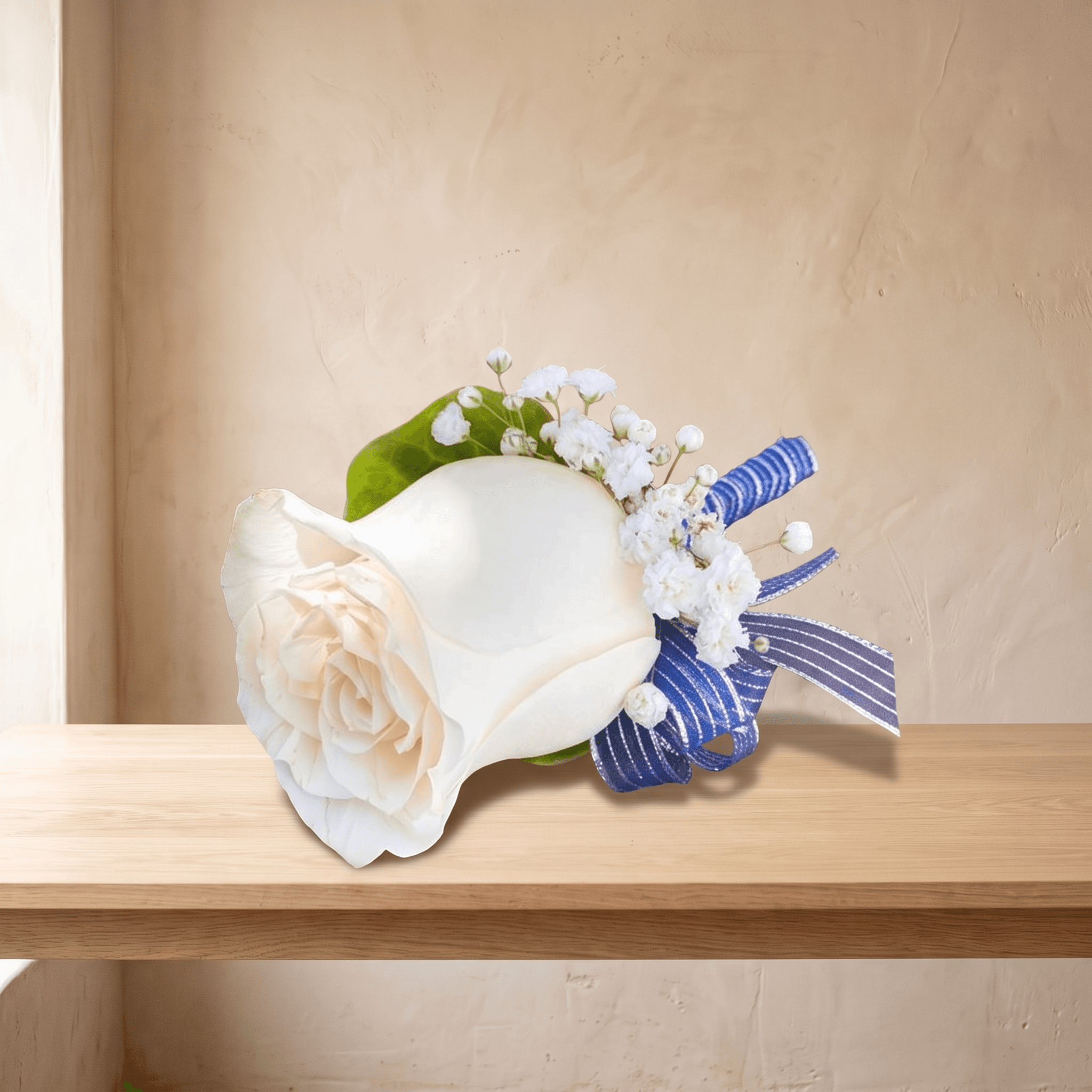 Boutonniere (White Rose & Blue + Silver Ribbon)